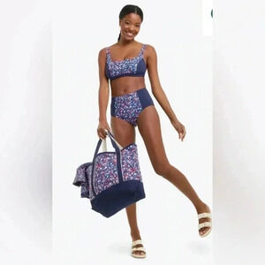 Lands’ End X Draper James Navy Floral Square Neck 2-Pc Swimsuit Size 2 Size 4